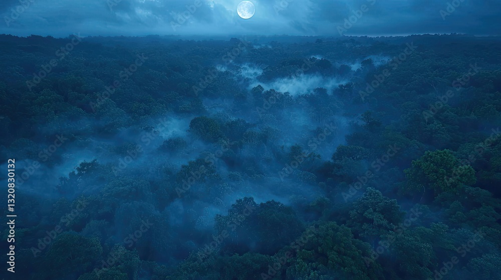 Fototapeta premium Aerial landscape abstract background idea. A serene night landscape featuring misty forests under a glowing moon.