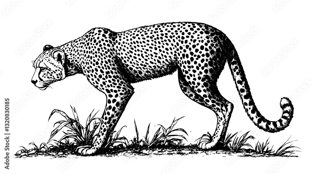 Obraz premium Engraved illustration of a leopard walking through tall grass in an intricate tattoo style vector design