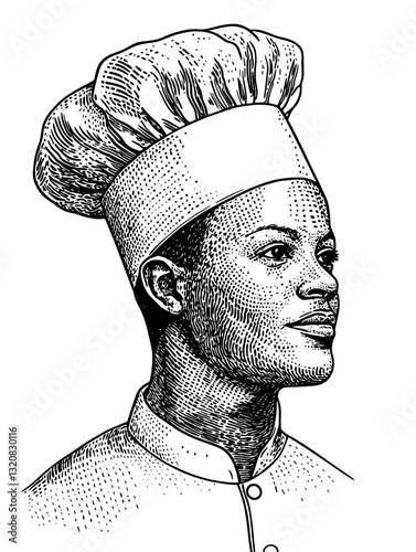 Chef portrait in vintage engraving style showcasing culinary artistry and tradition in a professional kitchen setting