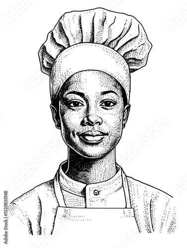 Detailed engraving of a proud chef in traditional attire, showcasing artistry and culinary passion
