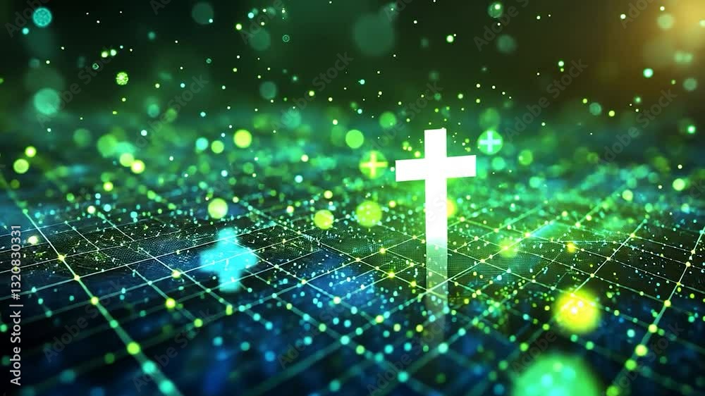 Abstract digital background featuring a glowing cross amidst vibrant lights Abstract digital background featuring a glowing cross amidst vibrant lights