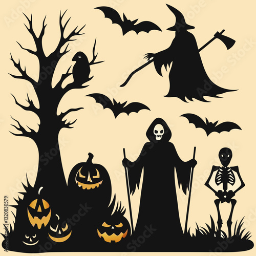 Halloween silhouettes black icons and characters trumpkin funny t-shirt Halloween pumpkin boo witch ghost skull bat skeleton vector illustration And boo vector