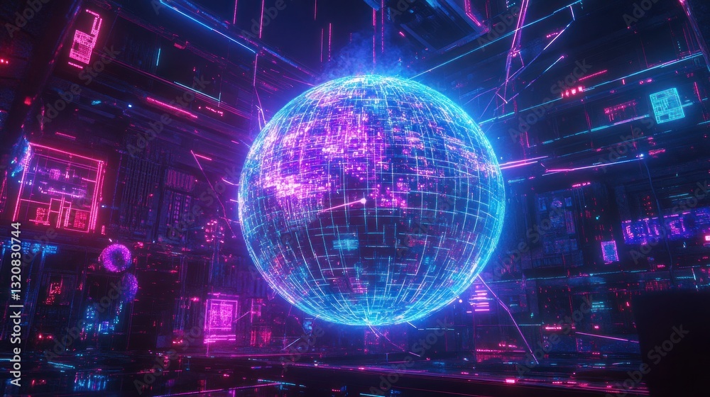 Fototapeta premium Neon Globe in Futuristic Circuitry