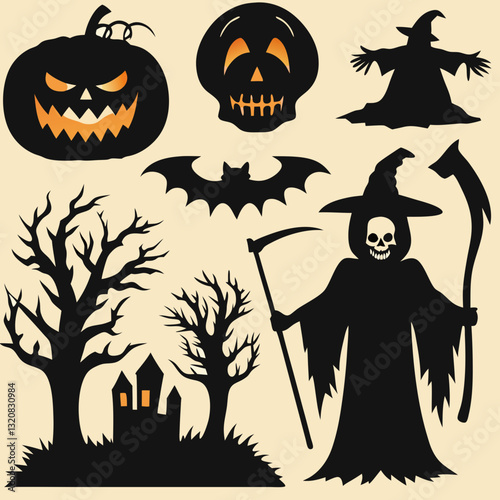 Halloween silhouettes black icons and characters trumpkin funny t-shirt Halloween pumpkin boo witch ghost skull bat skeleton vector illustration And boo vector