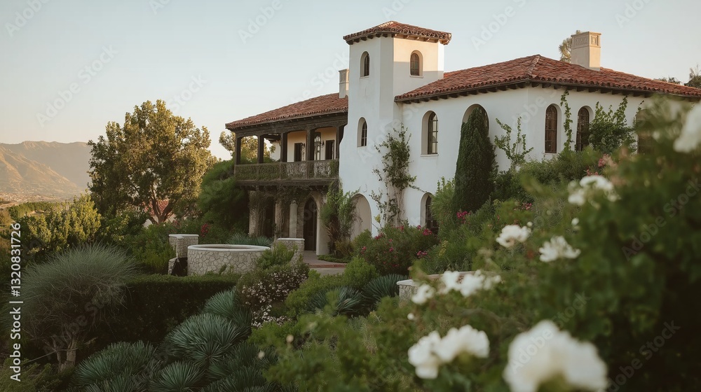 Beautiful two-story house with a red tiled roof and white walls. the house is surrounded by a well-manicured garden with various plants and trees. Beautiful two-story house with a red tiled roof and white walls. the house is surrounded by a well-manicured garden with various plants and trees.