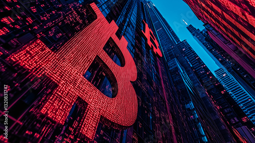 Illuminated Bitcoin symbol on futuristic skyscraper display