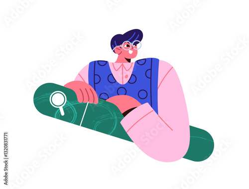 Concept of browsing with search bar. Person does research, surfing the Internet, looking for information in web browser. Character explores with magnifier. Flat isolated vector illustration on white