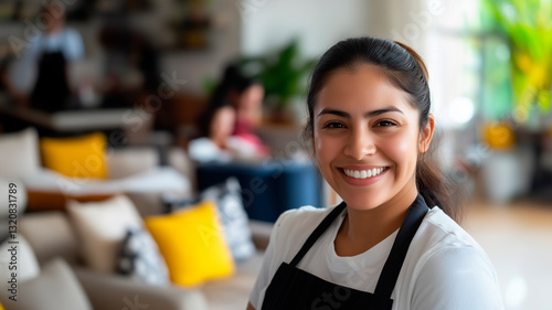 Young woman smiling in a bright coffee or restaurant environment