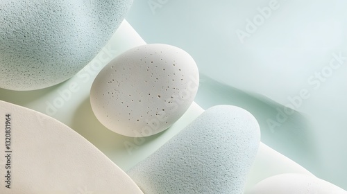 Different shapes and textures of natural eggs on soft pastel background with subtle colors and light
