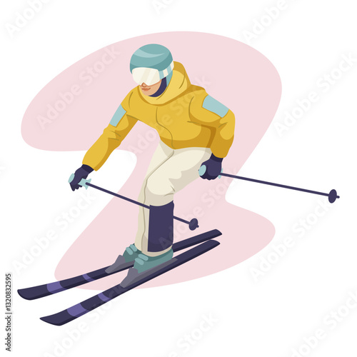 Skier in a yellow jacket and helmet skiing downhill with poles on a white background. Winter sports and outdoor activity concept. Vector illustration