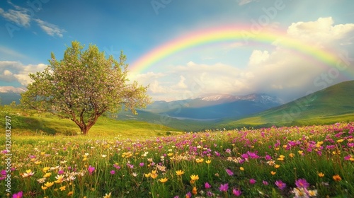 A vibrant rainbow appearing over a green field of spring wildflowers after a fresh rain shower.