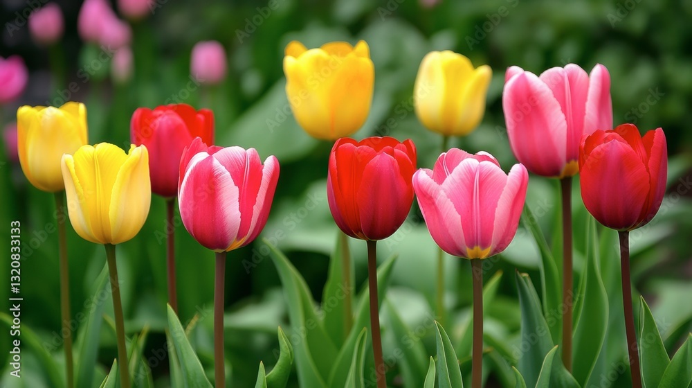 A vibrant tulip festival with endless rows of red, yellow, and pink tulips creating a colorful landscape. A vibrant tulip festival with endless rows of red, yellow, and pink tulips creating a colorful landscape.