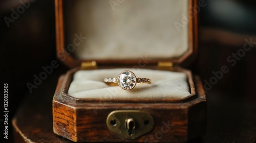 A vintage diamond engagement ring sitting inside an open antique wooden jewelry box.