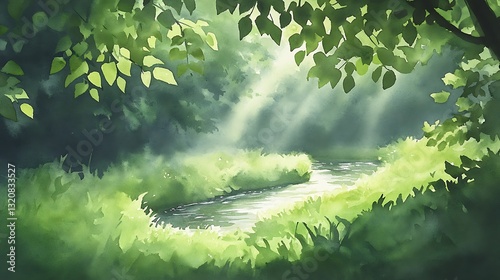 Serene landscape with sunlight filtering through green leaves by a winding stream.