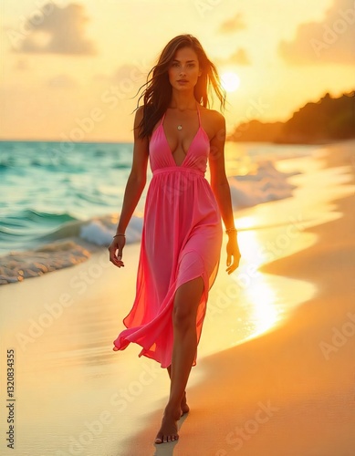 Stunning Woman in a Pink Dress Standing by the Shoreline, Embracing the Gentle Sea Breeze