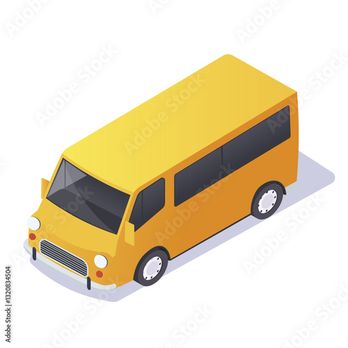 Yellow minibus in isometric style with a simple design and black windows on a white background. Concept of transportation and travel. Vector illustration