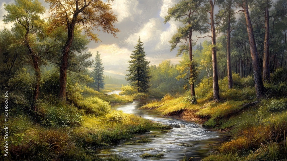 Fototapeta premium Forest Stream Sunlight Painting