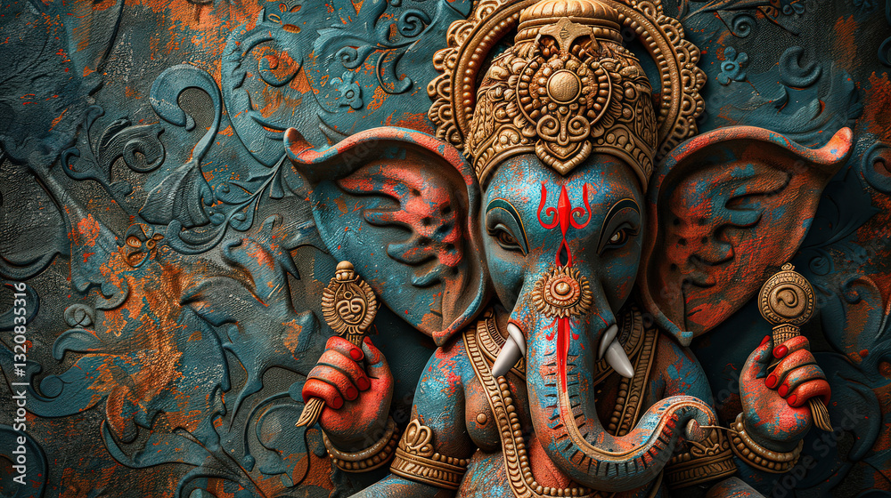 detailed 3D depiction of Lord Ganesha in traditional clay texture with vibrant colors, showcasing intricate patterns and cultural symbolism detailed 3D depiction of Lord Ganesha in traditional clay texture with vibrant colors, showcasing intricate patterns and cultural symbolism