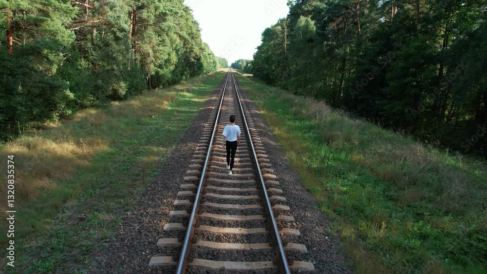 beautiful girl walking on railway in forest on summer day beautiful girl walking on railway in forest on summer day