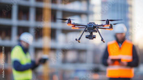 Construction Site Drone with Engineers in the Background.  A professional drone hovering over a construction site, with two engineers wearing safety vests monitoring the process.