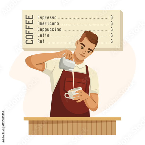Barista pouring milk into a cup in a coffee shop, with a menu board in the background. Warm tones on a light backdrop. Coffee preparation concept. Vector illustration