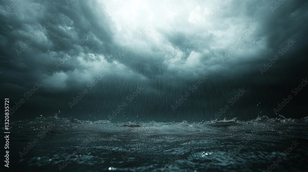 Dark clouds gather ominously above the restless sea, with raindrops cascading down, creating ripples in the water beneath a hauntingly beautiful sky Dark clouds gather ominously above the restless sea, with raindrops cascading down, creating ripples in the water beneath a hauntingly beautiful sky