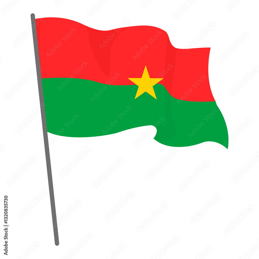 Flag Burkina Faso fluttering. Official flag Burkina Faso flies on flagpole. Independence Day. Banner, flyer, poster template. National flag of Burkina Faso with coat arms. Wavy flag Burkina Faso. Flag Burkina Faso fluttering. Official flag Burkina Faso flies on flagpole. Independence Day. Banner, flyer, poster template. National flag of Burkina Faso with coat arms. Wavy flag Burkina Faso.