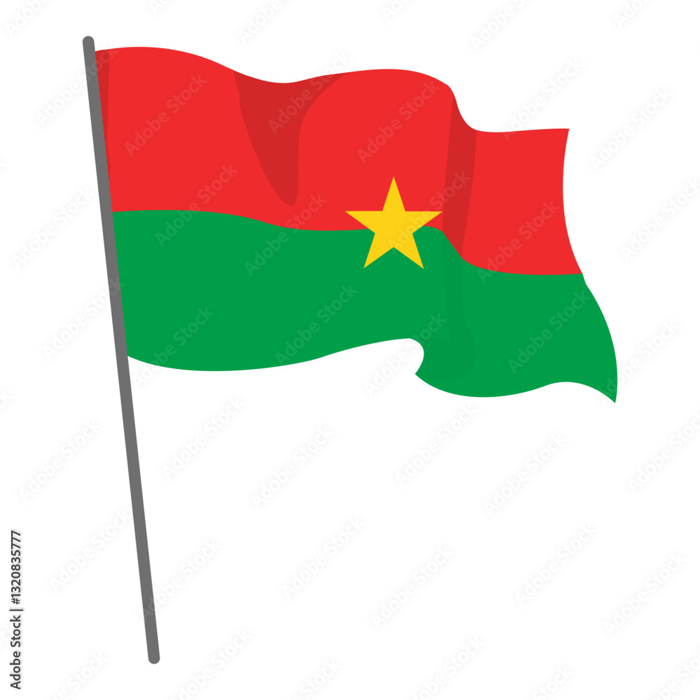 Flag Burkina Faso fluttering. Official flag Burkina Faso flies on flagpole. Independence Day. Banner, flyer, poster template. National flag of Burkina Faso with coat arms. Wavy flag Burkina Faso. Flag Burkina Faso fluttering. Official flag Burkina Faso flies on flagpole. Independence Day. Banner, flyer, poster template. National flag of Burkina Faso with coat arms. Wavy flag Burkina Faso.