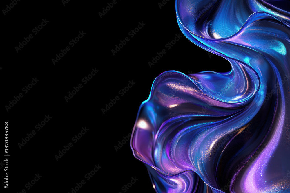 Abstract iridescent wave with blue and purple holographic reflections on black background. High-quality 4k hd thumbnail. Generative AI Abstract iridescent wave with blue and purple holographic reflections on black background. High-quality 4k hd thumbnail. Generative AI
