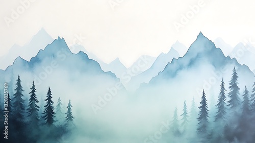 Misty mountains with evergreen trees create a serene and tranquil landscape.