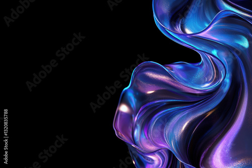 Abstract iridescent wave with blue and purple holographic reflections on black background. High-quality 4k hd thumbnail. Generative AI