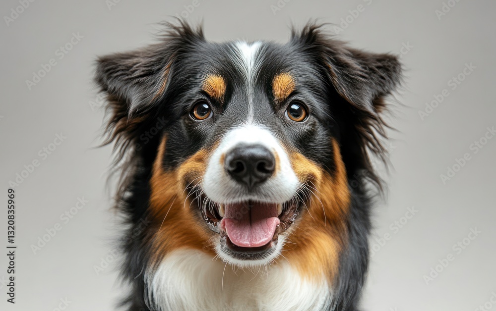 Smiling Australian Shepherd Dog Close-up Portrait with Open Mouth Happy Smiling Australian Shepherd Dog Close-up Portrait with Open Mouth Happy