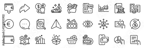 Change money, Add purchase and Exchange currency line icons pack. Share, Message, Paper plane icons. Document, Money wallet, Euro rate web icon. Networking, Phone pay, Wallet pictogram. Vector