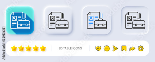 Business case with CV line icon. Neumorphic, Flat shadow, 3d buttons. Portfolio symbol. Vacancy or Hiring sign. Line vacancy icon. Social media icons. Vector