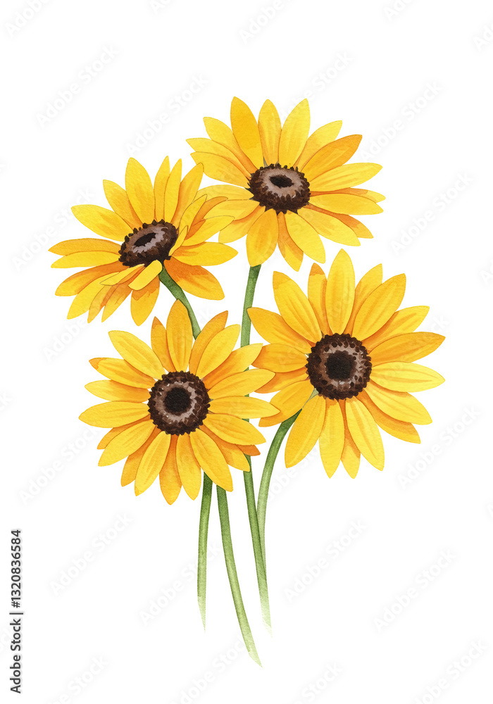 Naklejka premium Yellow sunflowers watercolor drawing isolated on white background.