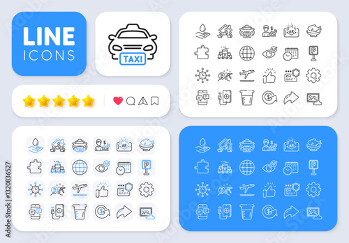 Phone messages, World time and Seafood line icons for web app. Message, Share, Like social media icons. Pack of Augmented reality, Cooking beaker, Calendar time pictogram icons. Vector