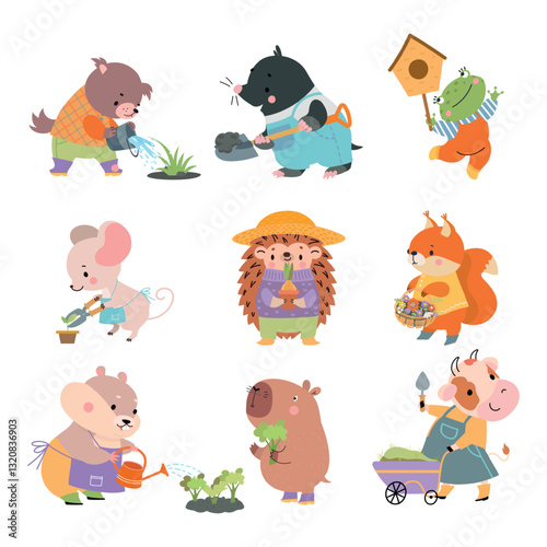 Animals gardeners. Funny little animal planting and gardening, cultivate plants. Cute characters watering, dig ground, trim plants. Garden works nowaday vector set