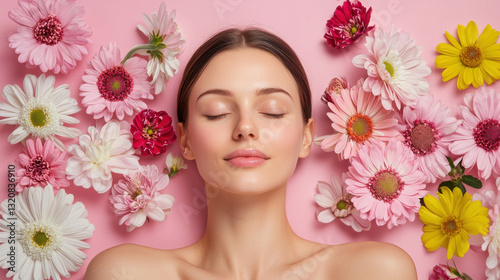 serene woman with closed eyes is surrounded by colorful flowers, creating peaceful and harmonious atmosphere. soft pink background enhances beauty of floral arrangement