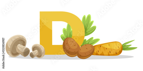 Vitamin D rich foods including mushrooms, potatoes, and carrots with a large letter D on a white background. Healthy nutrition concept. Vector illustration