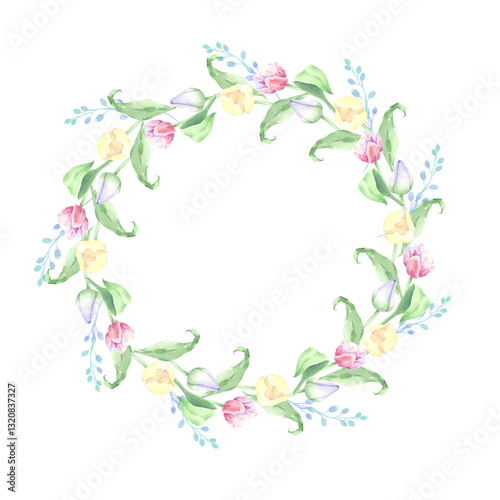 Wallpaper Mural Tulip pink. Floral arrangement. Frame.Wreath. Watercolor Torontodigital.ca