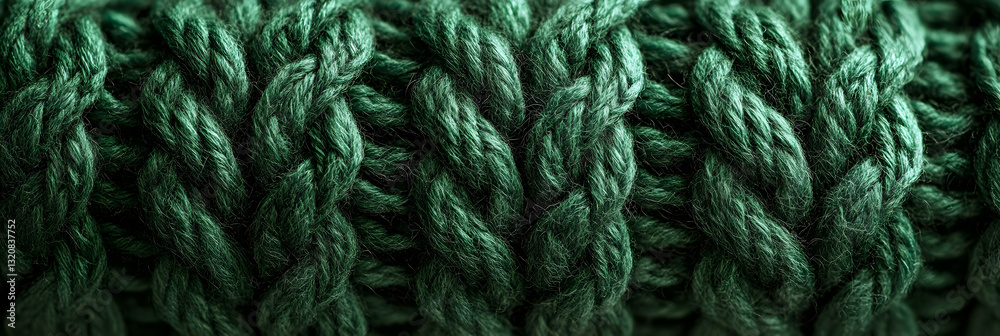 Close-up of a knitted wool pattern, exhibiting a warm, homely texture wide banner, green background Close-up of a knitted wool pattern, exhibiting a warm, homely texture wide banner, green background