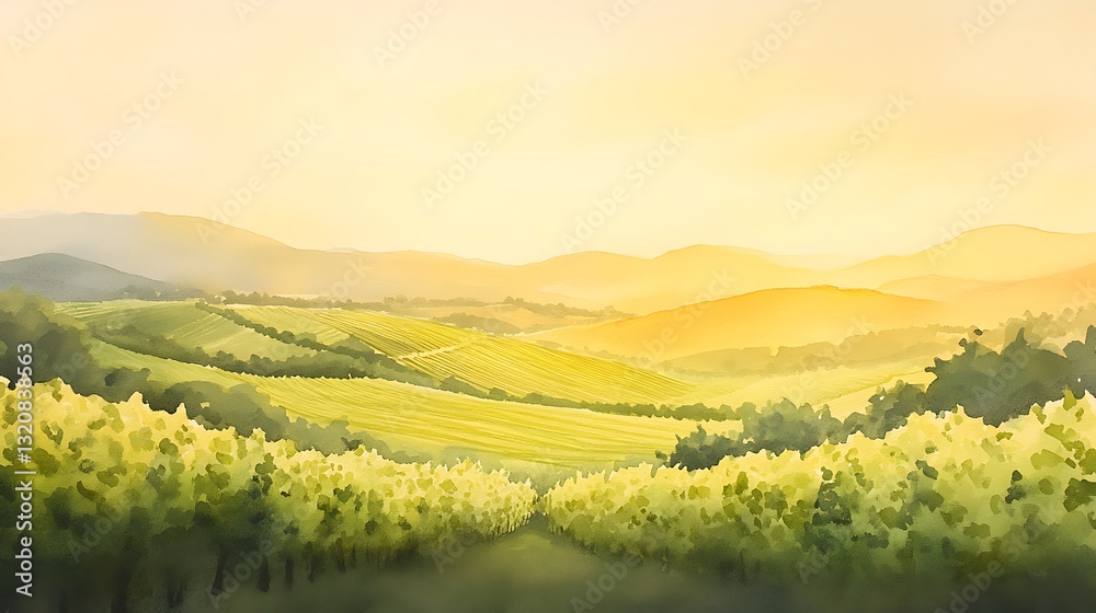 Obraz premium Sunset over rolling vineyards with golden light illuminating the landscape.
