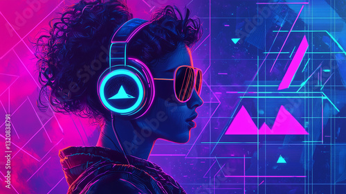 Obraz na płótnie Portret w stylu retro w neonowym blasku w salonie