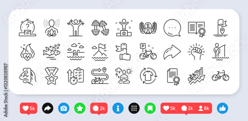 Certificate, Swimming pool and Leadership line icons pack. Social media: share, comment, like icons. Flag, Winner ribbon, Empower web icon. Cardio training, Bicycle, Quiz pictogram. Vector