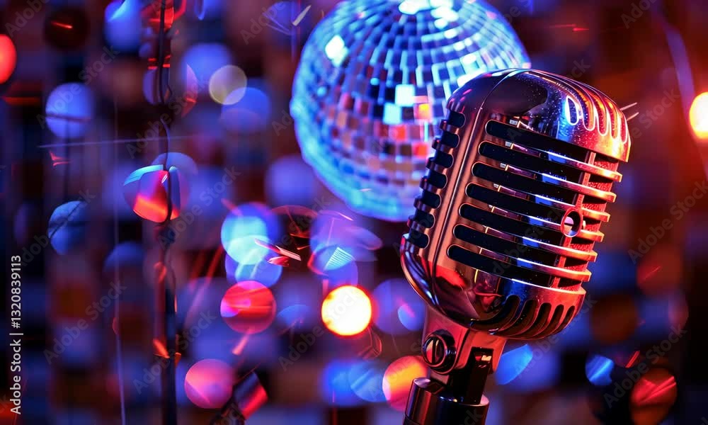 Retro microphone with colorful disco ball in vibrant lights