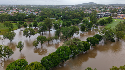 Aerial View of Flooded Park and Residential Area After Heavy Rainfall at Carindale Golf Course during Cyclone Alfed
