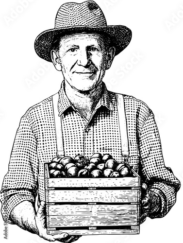 Engraved illustration of a farmer proudly holding a crate of freshly harvested produce in a rustic setting