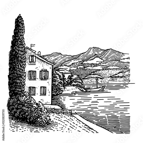 Serene lakeside retreat showcasing a charming cottage with lush trees and distant mountains in an intricate engravings style
