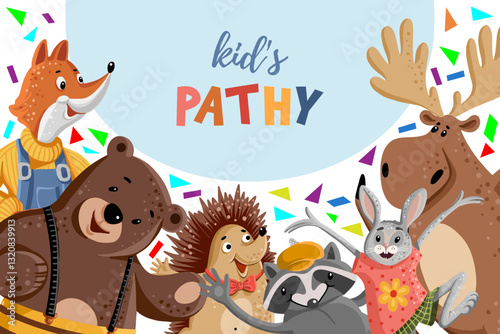 Cute horizontal banner with cute animals. Vector illustration