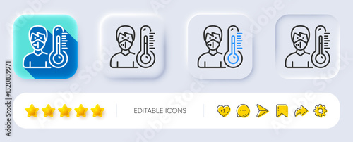 Thermometer line icon. Neumorphic, Flat shadow, 3d buttons. Doctor with face mask sign. Temperature measuring symbol. Line thermometer icon. Social media icons. Vector